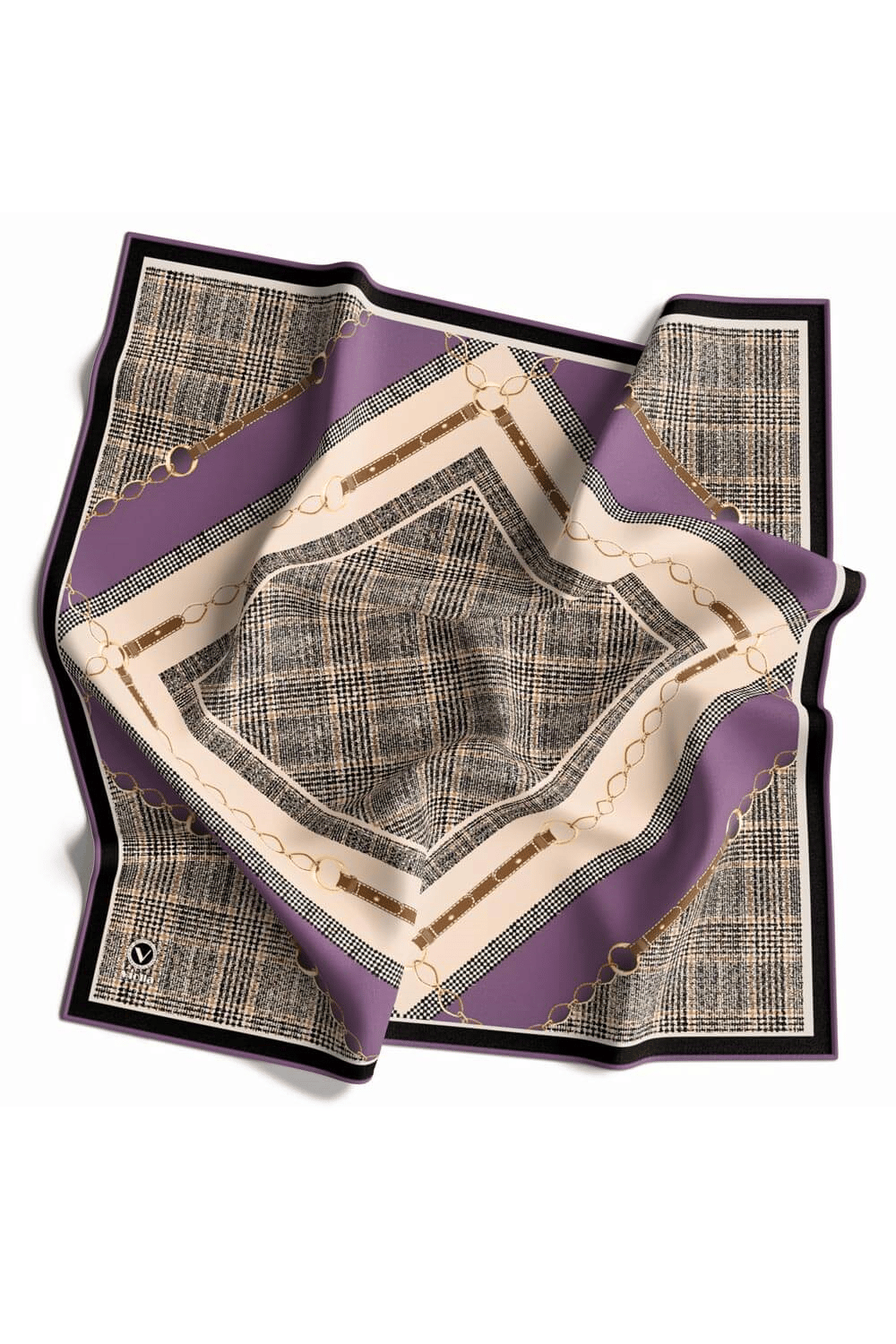 Twill Kemer ve Zincir Detaylı Ekose Desenli Lila Renkli 90x90 Eşarp (İpek İçermez) Kenar Dikiş Şekli El Dikişli