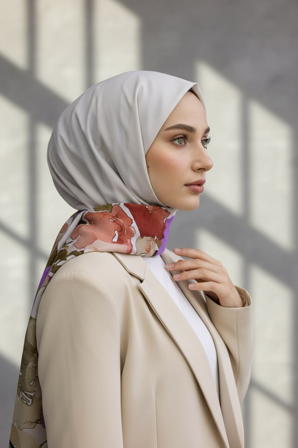 KREP ÇİÇEK DESENLİ TAŞ RENGİ - MOR RENKLİ 75X195 KIRIŞMAZ ŞAL