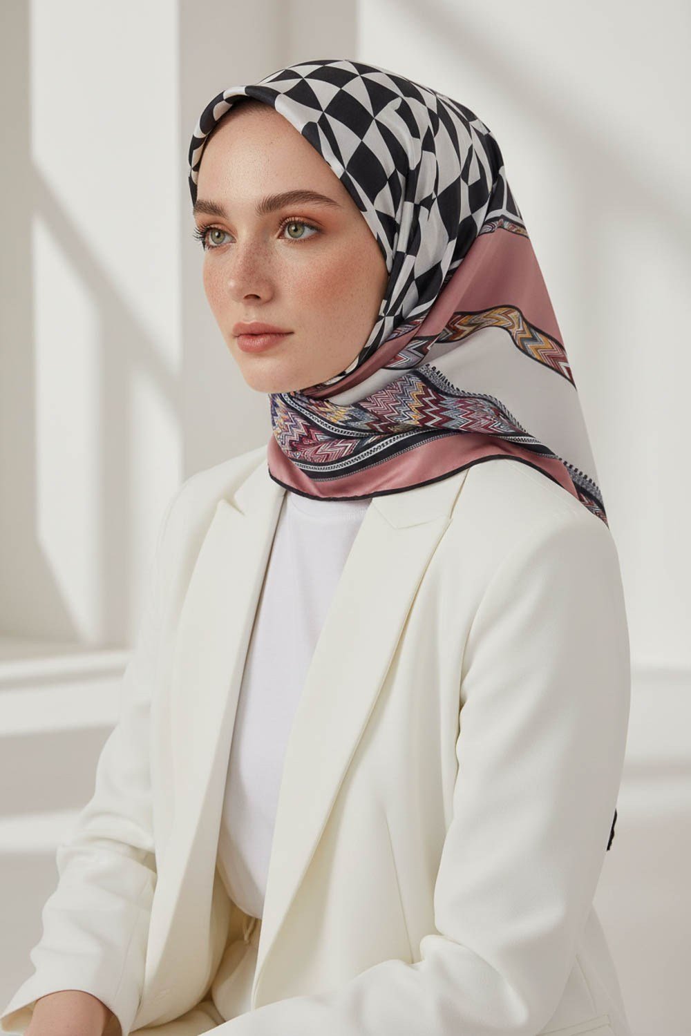 Kristal Geometrik Desenli Pudra - Krem Renkli 90x90 Dikim Şekli : El Dikişi Eşarp (İpek İçermez)