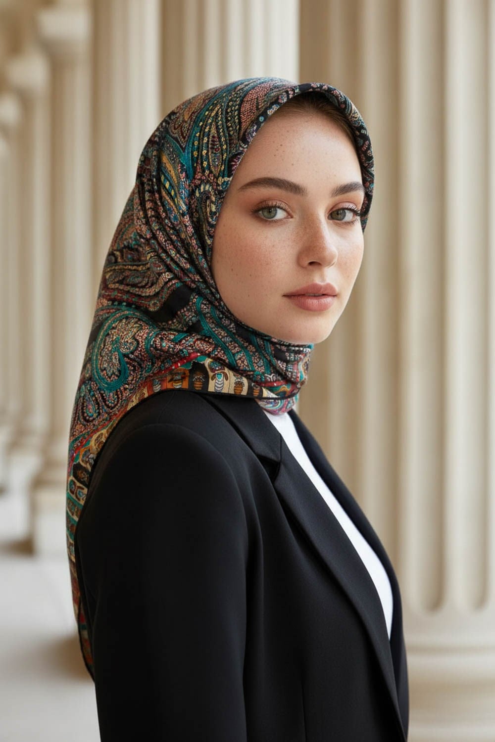 %100 Twill İpek Etro Desenli Siyah - Turkuaz Renkli 90x90 Eşarp Dikim Şekli : El Dikişi