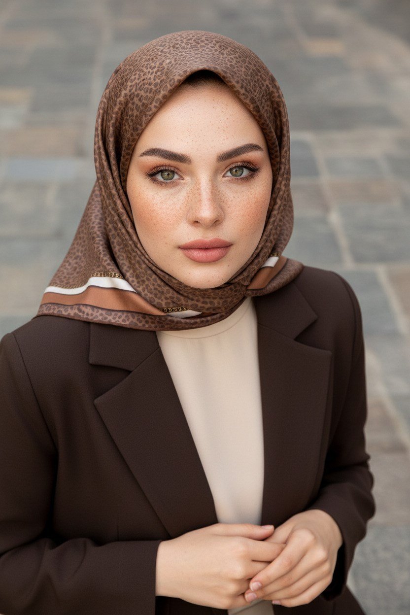% 57 İPEK % 43 VİSKON Twill İpek Leopar Desenli Vizon Renkli 90x90 Eşarp Dikim Şekli : El Dikişi