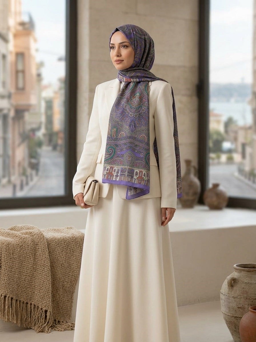 100% İPEK ETRO DESENLİ MOR RENKLİ ŞAL