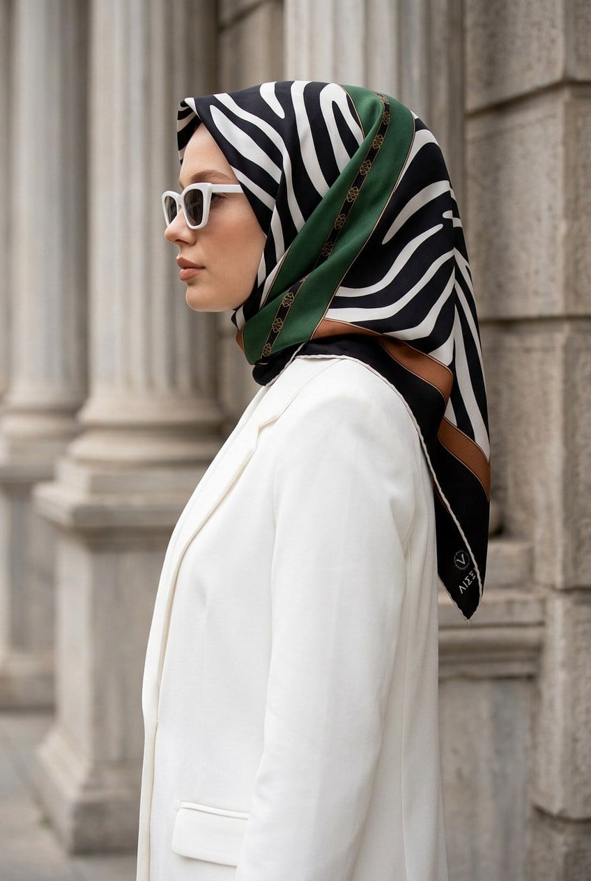 %100 Twill İpek Zebra Desenli Vizon - Zümrüt Yeşili Renkli 90x90 Eşarp Kenar Dikiş Şekli El Dikişli