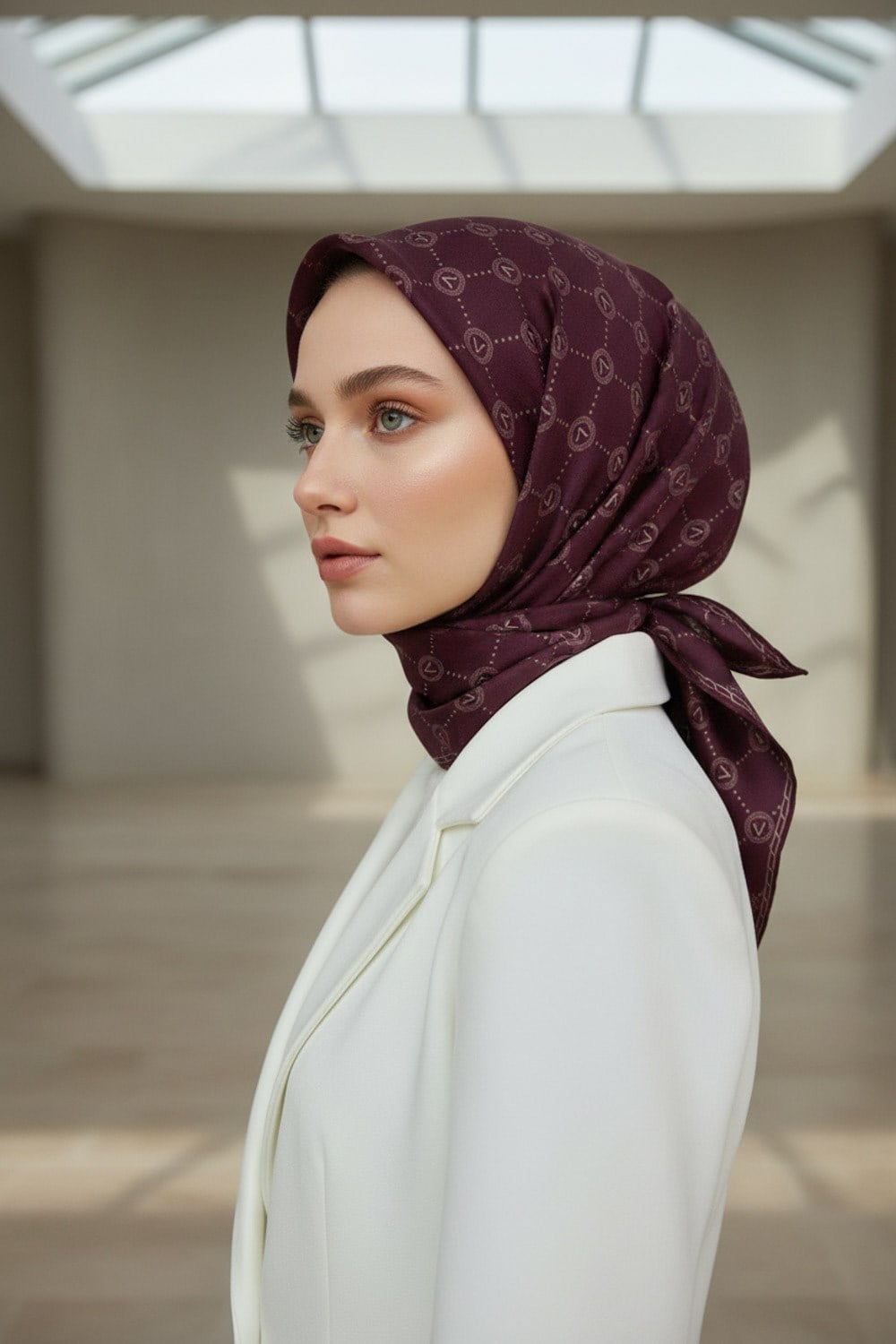 %100 Twill İpek Monogram Desenli Şarabi Renkli 90x90 Eşarp Dikim Şekli : El Dikişi