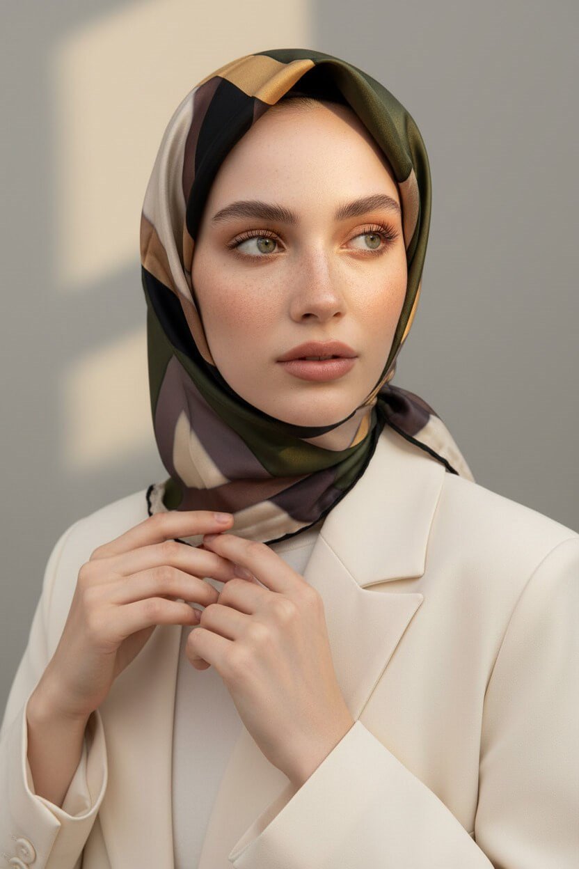 %100 Twill İpek Dokulu Ve Geometrik Desenli Gold - Haki Renkli 90x90 Eşarp Dikim Şekli : El Dikişi