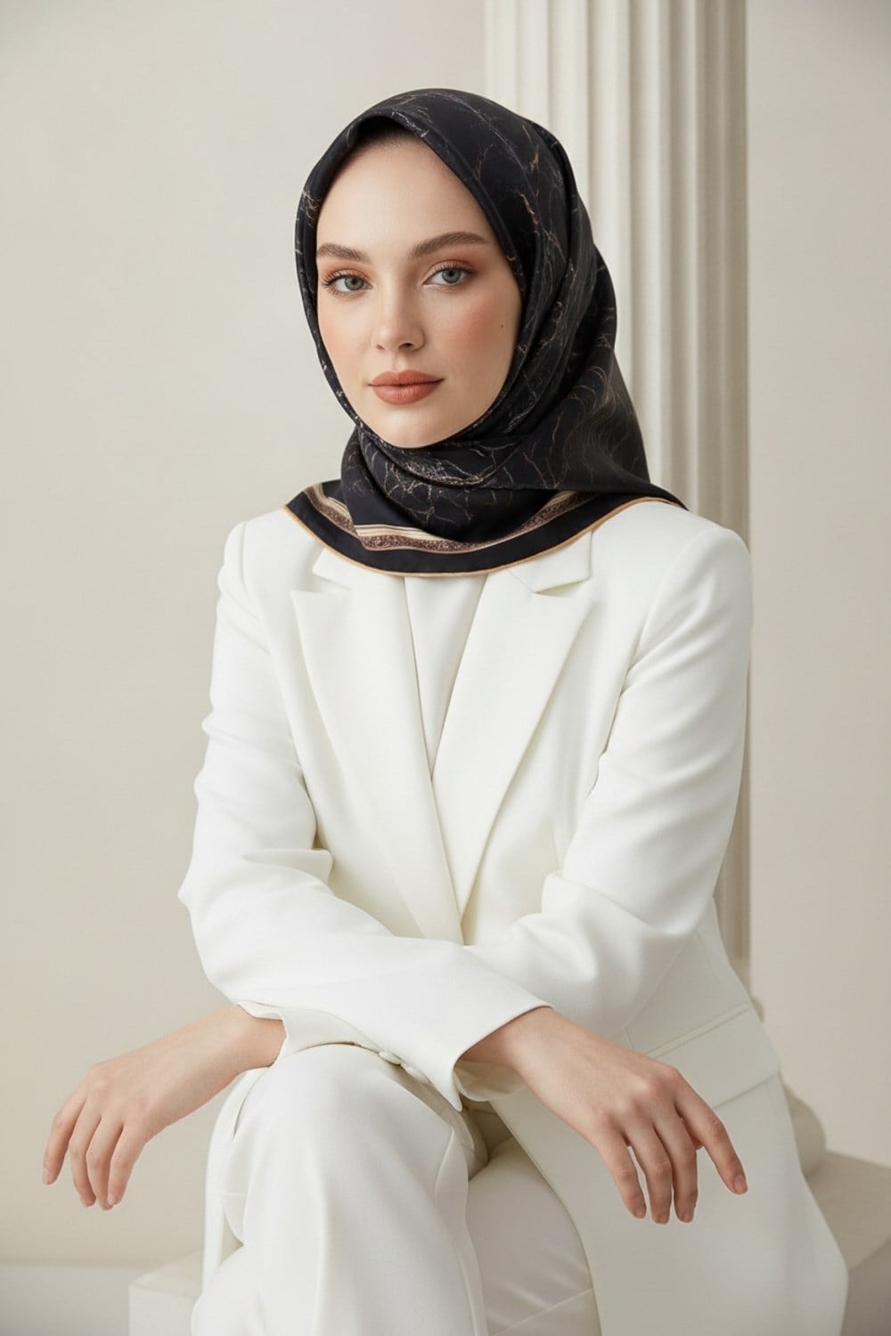 %100 Twill İpek Mermer Desenli Siyah Renkli 90x90 Eşarp Dikim Şekli : El Dikişi