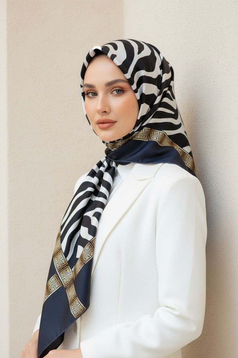 % 57 İPEK % 43 VİSKON Twill İpek Zebra Desenli Lacivert - Gold Renkli 90x90 Eşarp Dikim Şekli : El Dikişi
