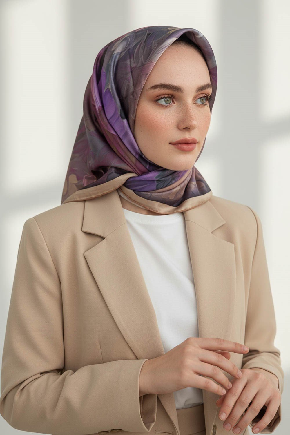 %100 Twill İpek Dumanlı Çiçek Desenli Somon - Lila Renkli 90x90 Eşarp Kenar Dikiş Şekli El Dikişli