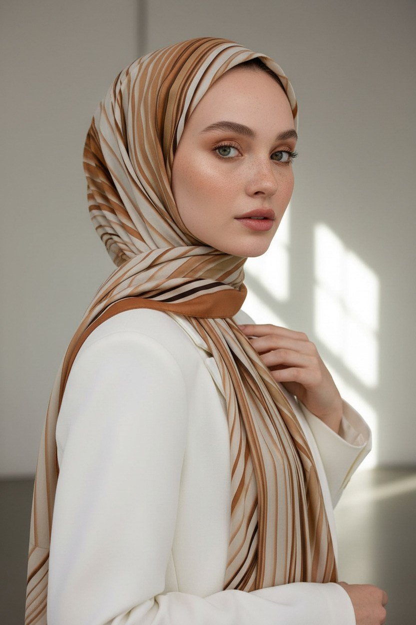KREP ÇİZGİLİ DESENLİ SOMON RENKLİ 75X195 KIRIŞMAZ ŞAL