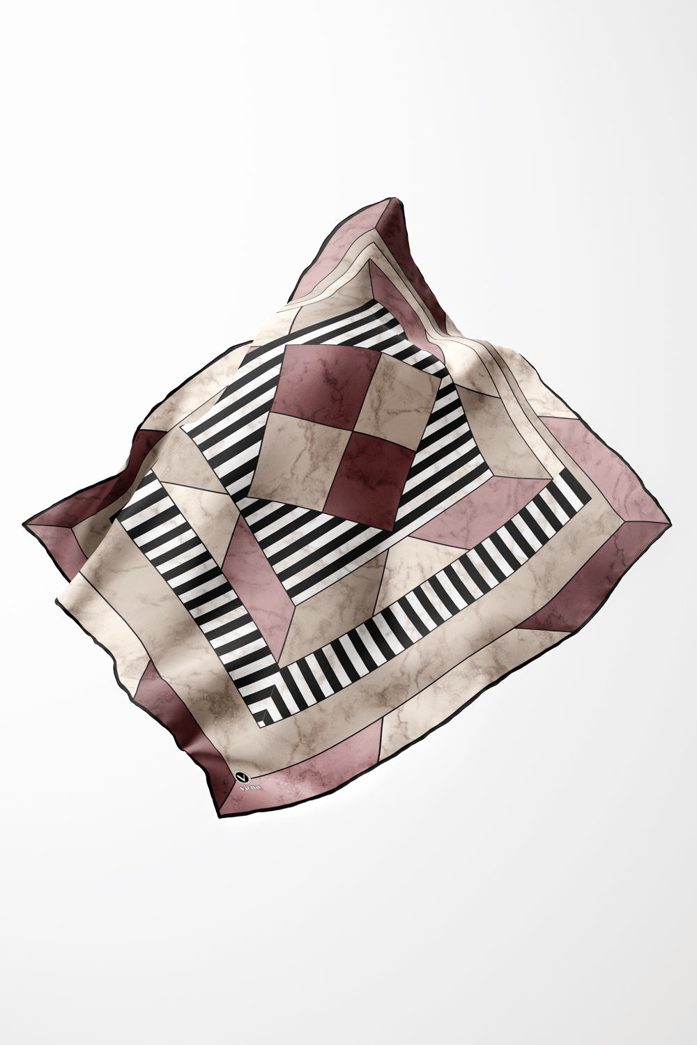 Twill Çizgili Geometrik Mermer Desenli Pudra Renkli 90x90 Eşarp (İpek İçermez) Kenar Dikiş Şekli El Dikişli