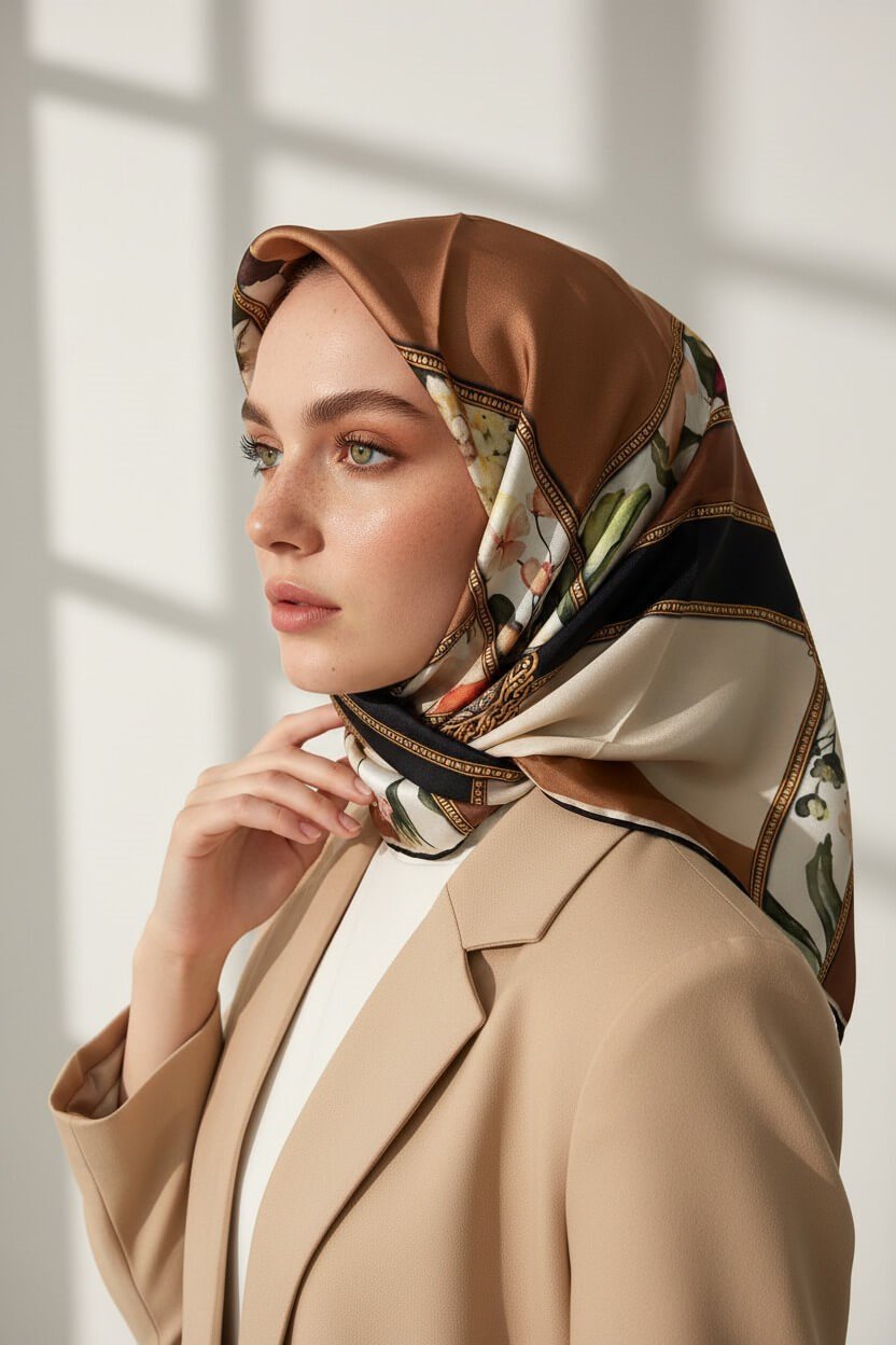 100% Twill İpek Şeritli Çiçek Desenli Bakır - Krem Renkli 90x90 Dikim Şekli : El Dikişi Eşarp