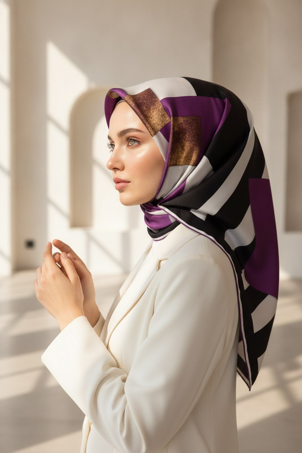 %100 Twill İpek Karo Desenli Mürdüm - Siyah Renkli 90x90 Eşarp Dikim Şekli : El Dikişi