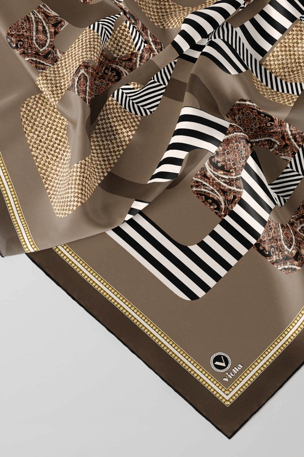 Twill Geometrik Desenli Bej Renkli 90x90 Eşarp (İpek İçermez) Kenar Dikiş Şekli El Dikişli