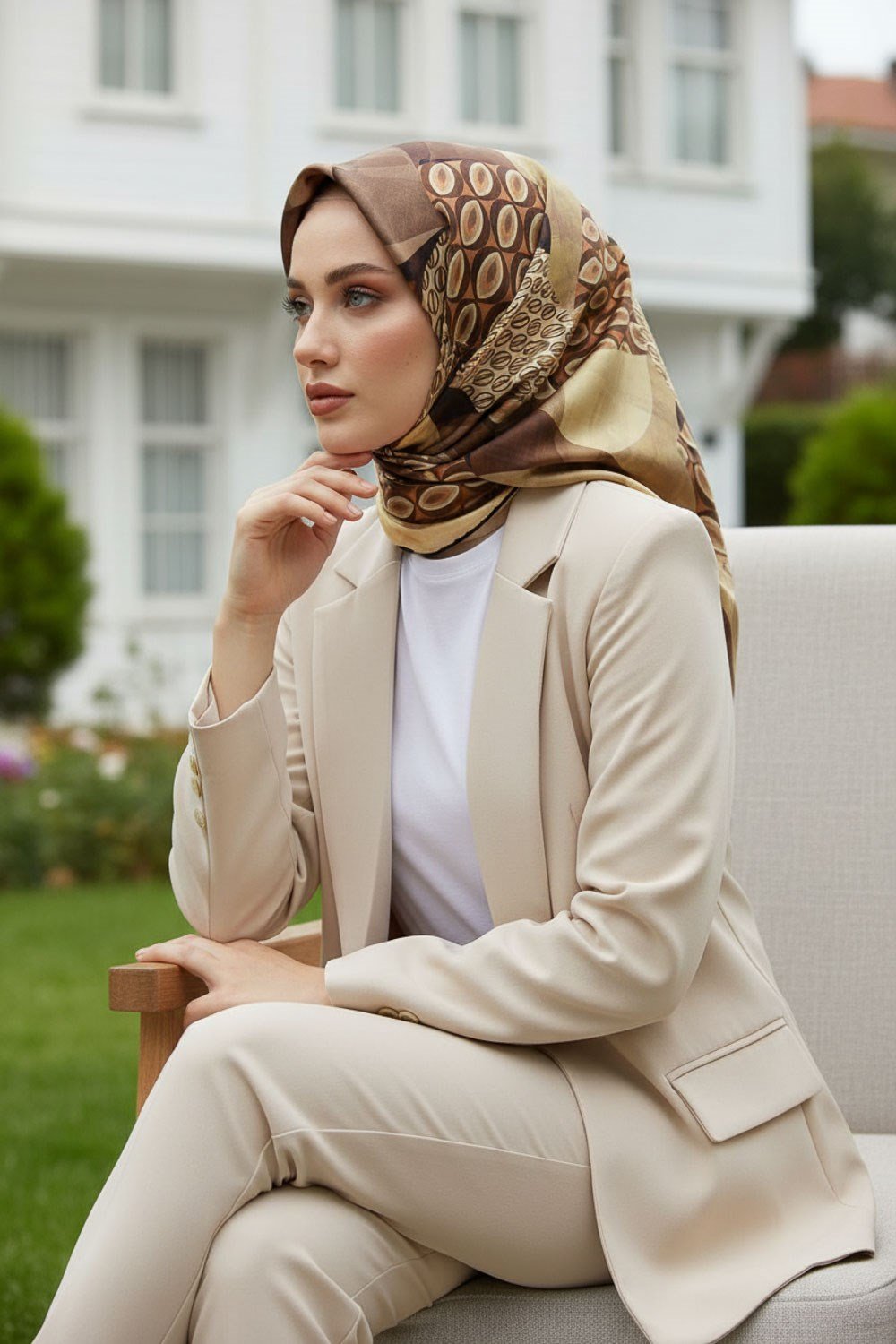 %100 Twill İpek Geometrik Desenli Gül Kurusu - Vizon Renkli 90x90 Eşarp Eşarp Kenar Dikiş Şekli El Dikişli