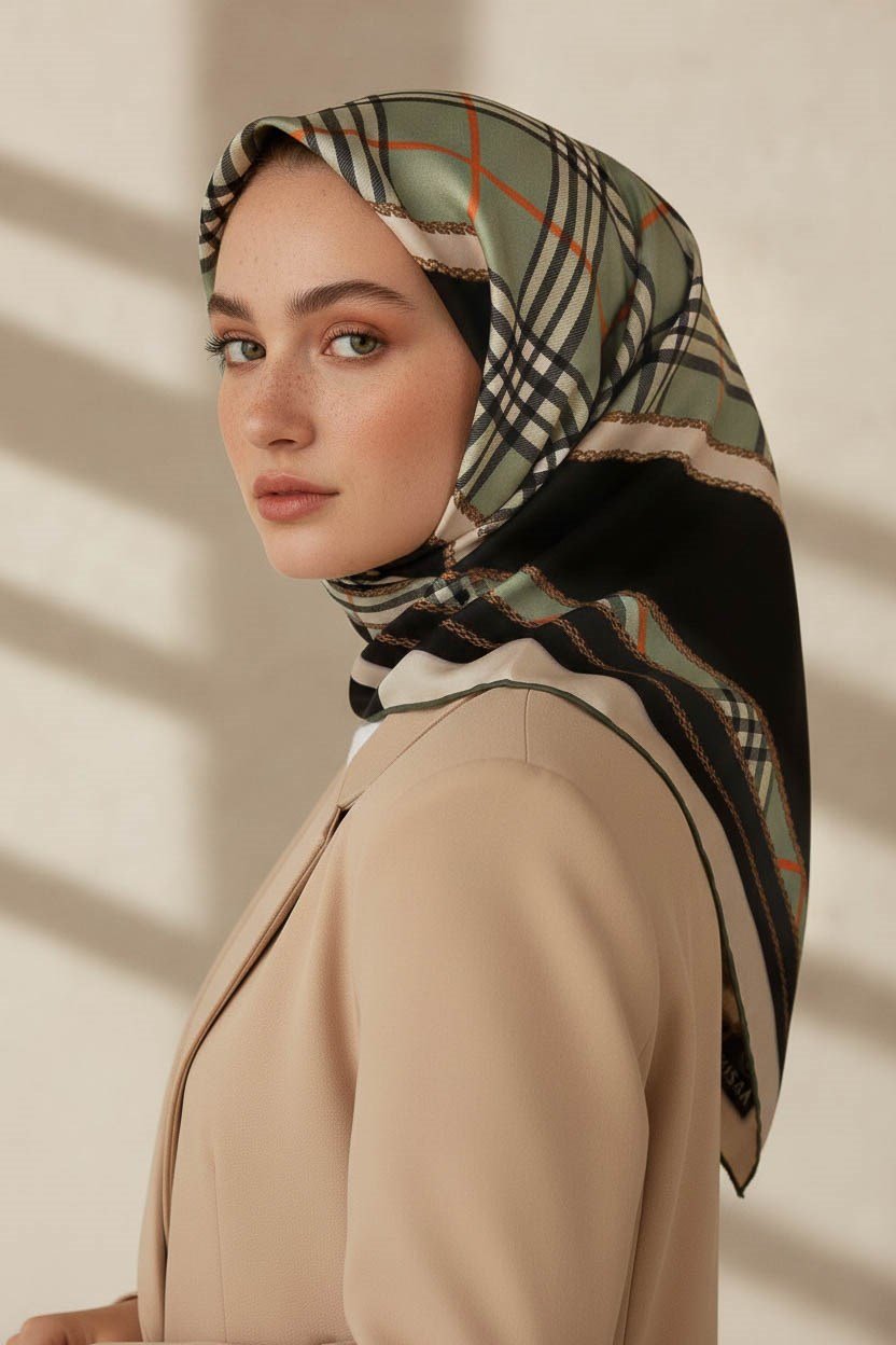 %100 Twill İpek Ekose Desenli Çağla Yeşili Renkli 90x90 Eşarp Dikim Şekli : El Dikişi