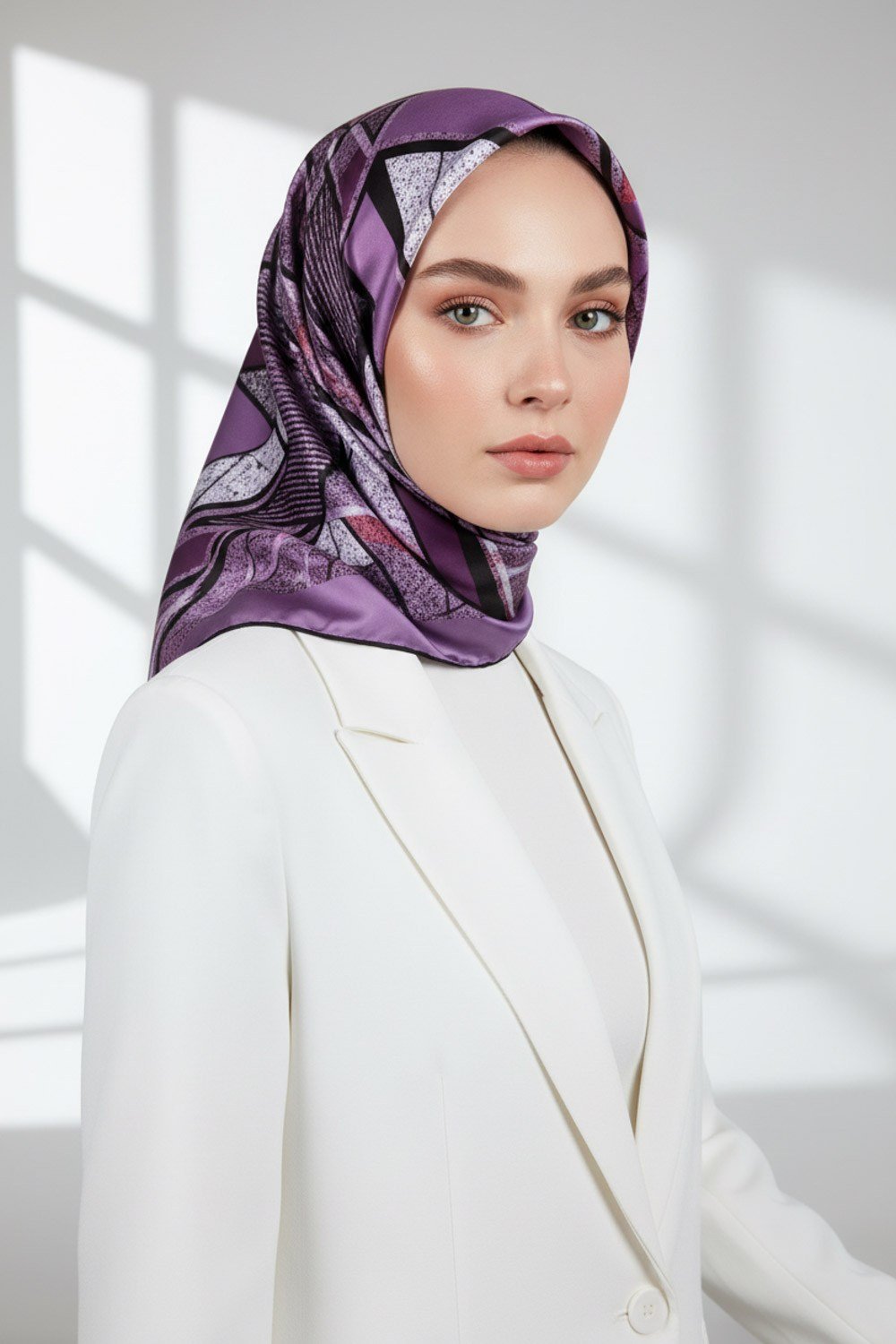 Kristal Geometrik Desenli Lila Renkli 90x90 Eşarp (İpek İçermez) Kenar Dikiş Şekli El Dikişli