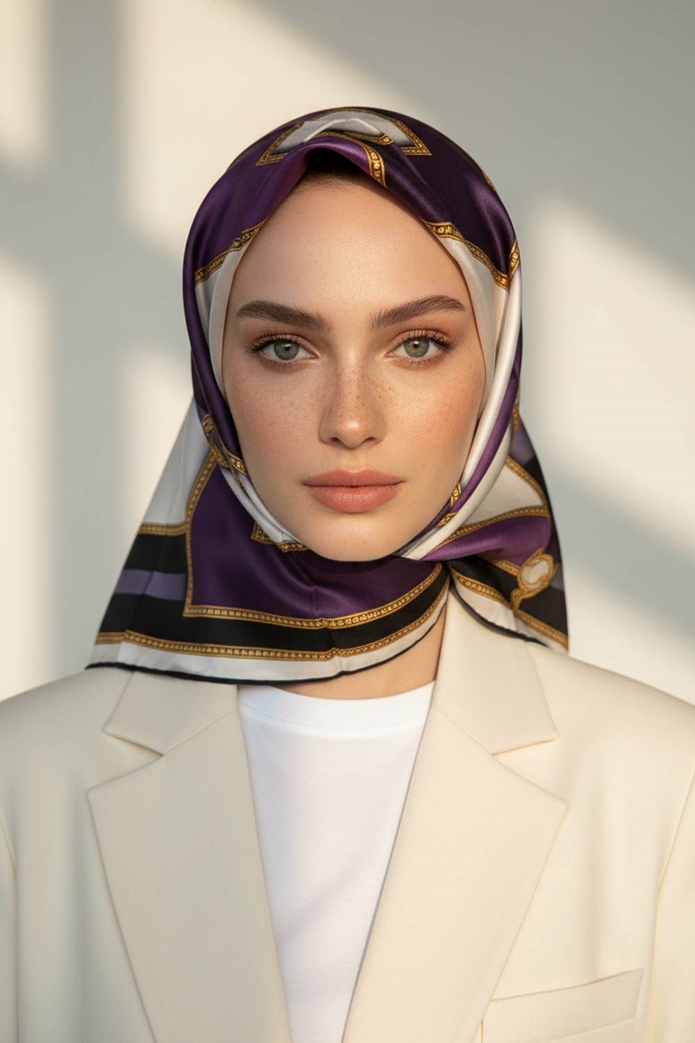 %100 Twill İpek Geometrik Desenli Leylak - Mor Renkli 90x90 Eşarp Dikim Şekli : El Dikişi