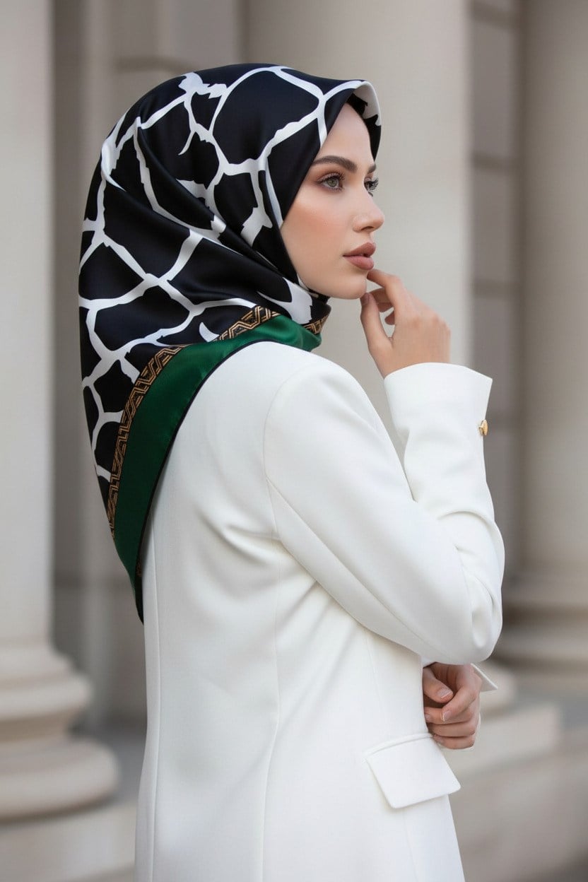 %100 Twill Taş Desenli Siyah - Zümrüt Yeşilli Renkli 90x90 Eşarp Dikim Şekli: El Dikişi