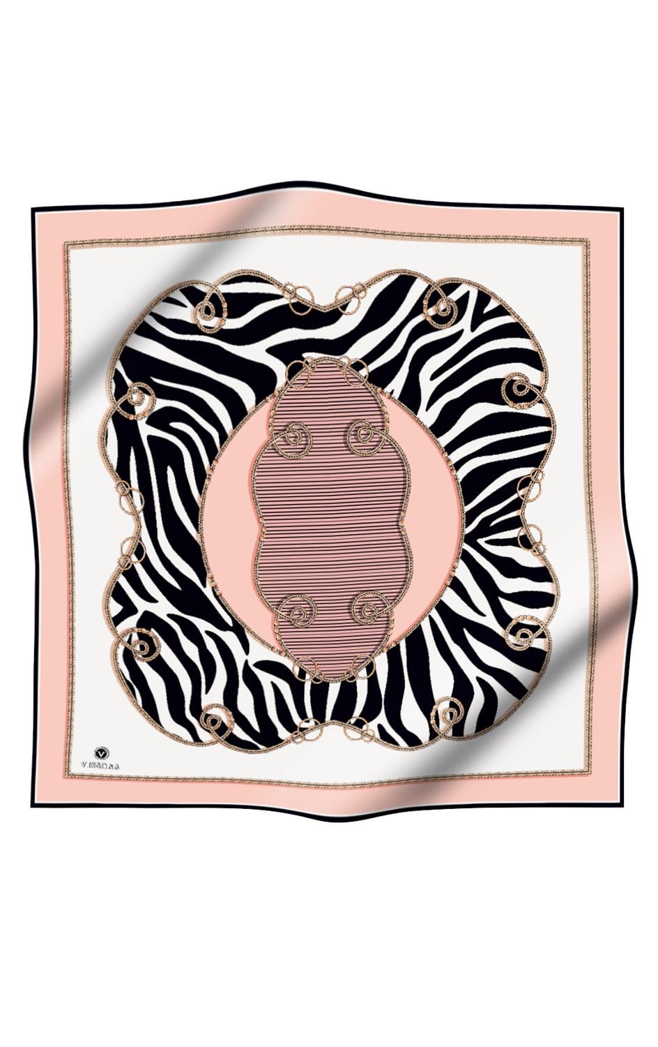 %100 Twill İpek Zincirli Ve Zebra Desenli Pudra - Krem Renkli 90x90 Eşarp Dikim Şekli : El Dikişi