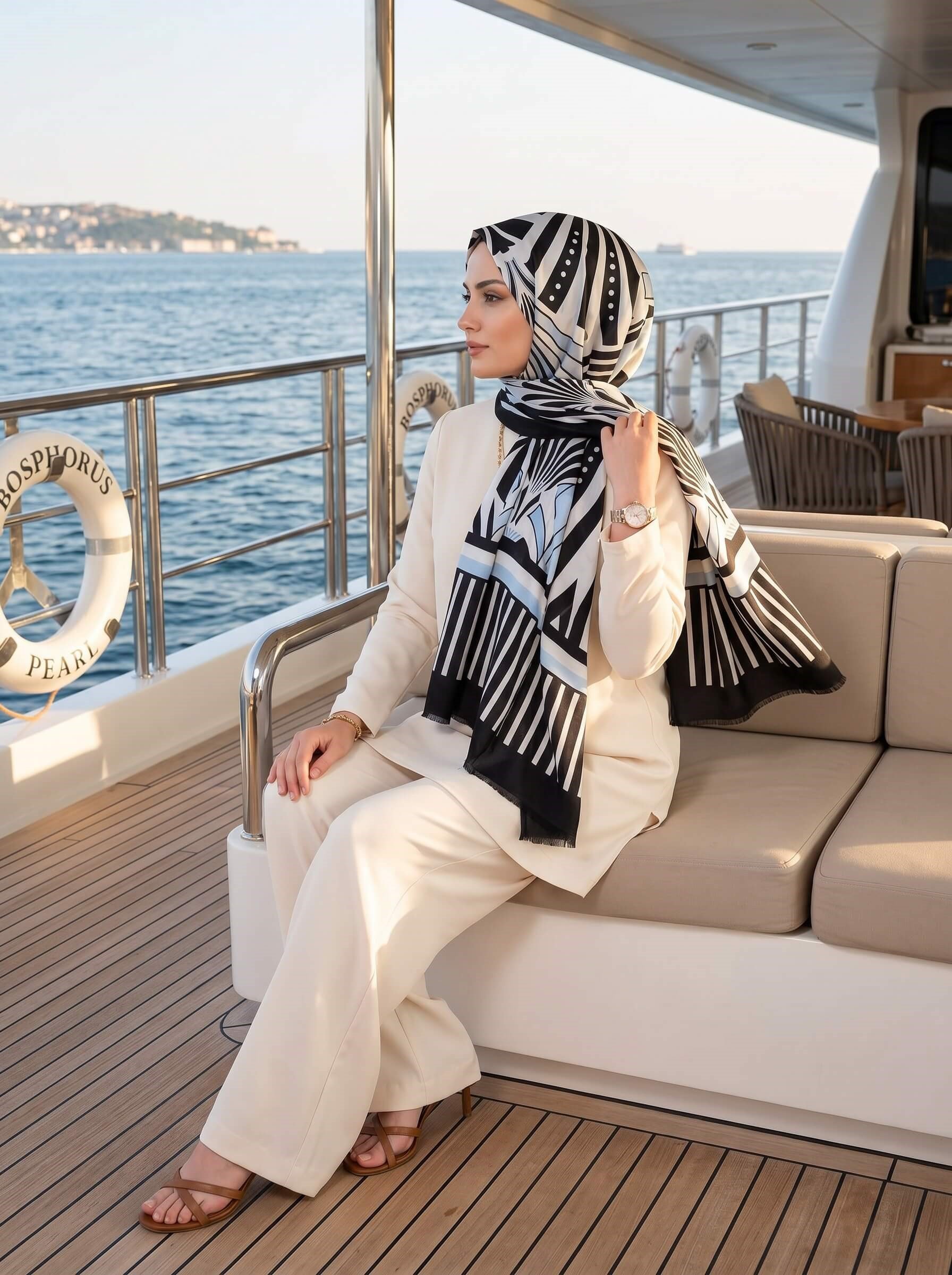 %100 Saf İpek Şal İnce Saten Vual Dokuma Yelpaze Desenli Buz Mavisi - Siyah Renkli 90x210 Şal