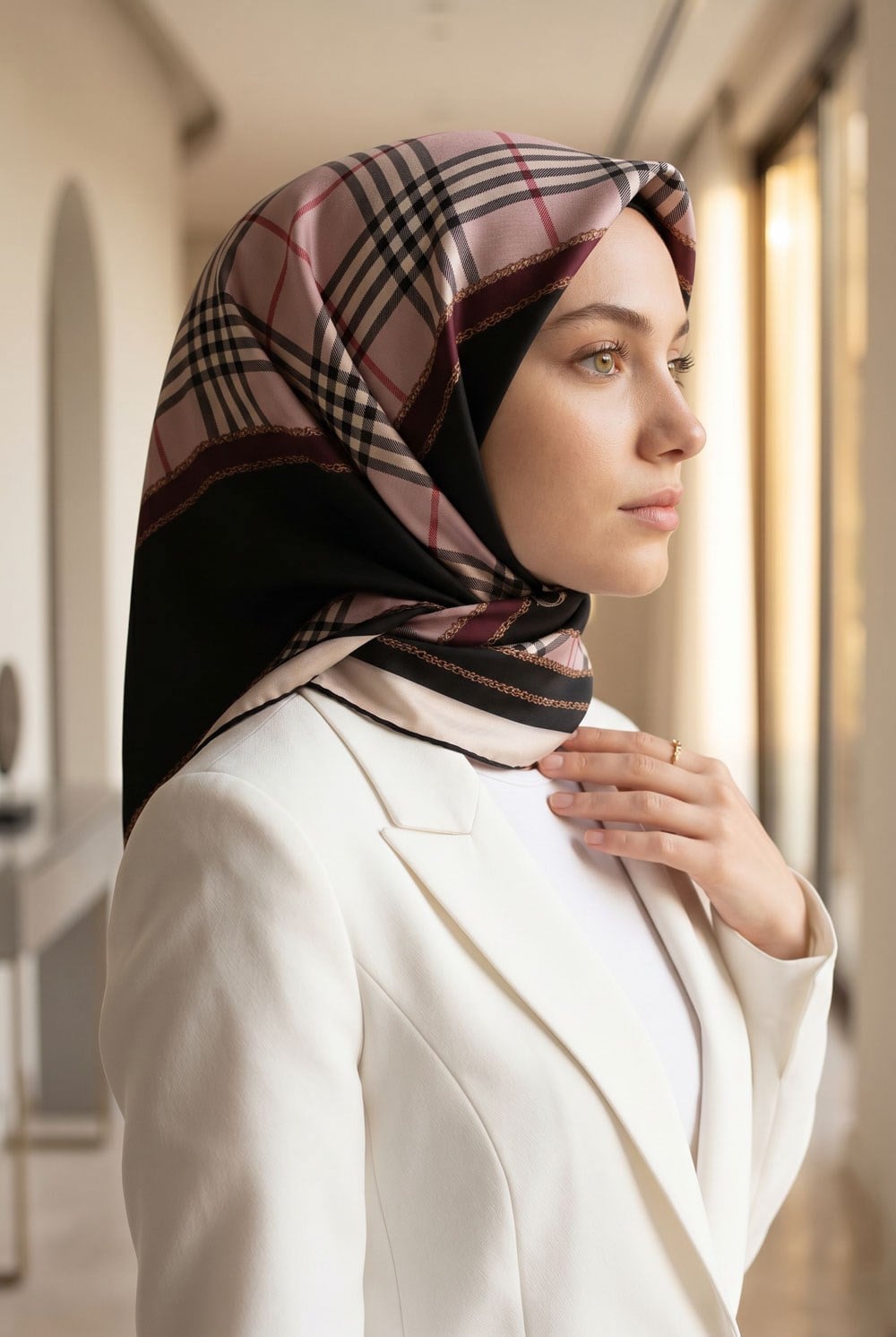 %100 Twill İpek Ekose Desenli Pudra - Şarabi Renkli 90x90 Eşarp Dikim Şekli : El Dikişi