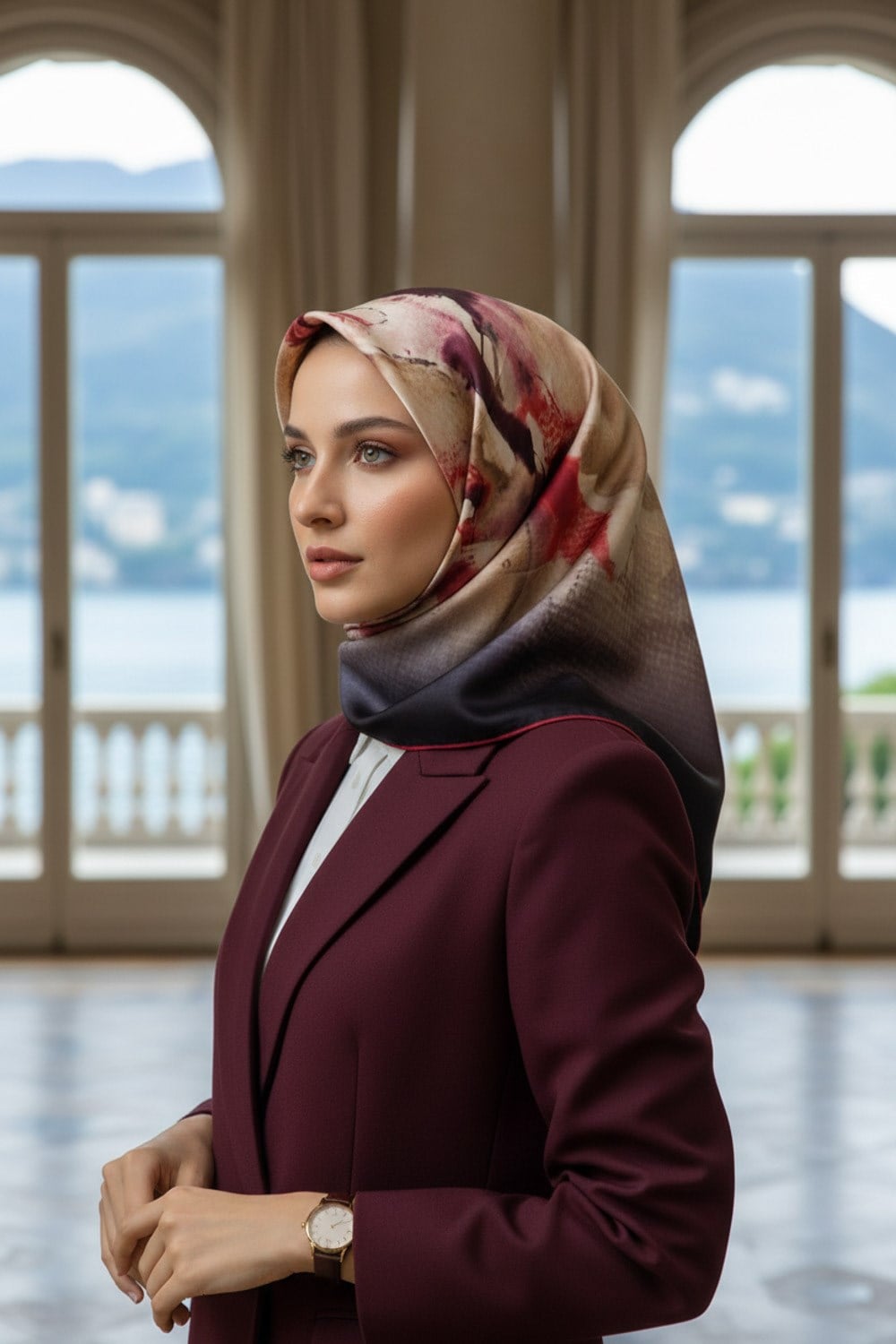 %100 Twill İpek Suluboya Çiçek Desenli Hardal - Bordo Renkli 90x90 Eşarp Dikim Şekli : El Dikişi