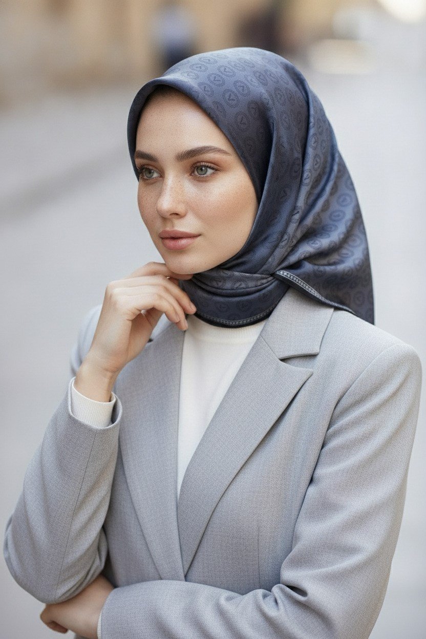 %100 Twill İpek Eşarp 90x90 Siyah Monogram Desenli El Dikişli Kadın Eşarp