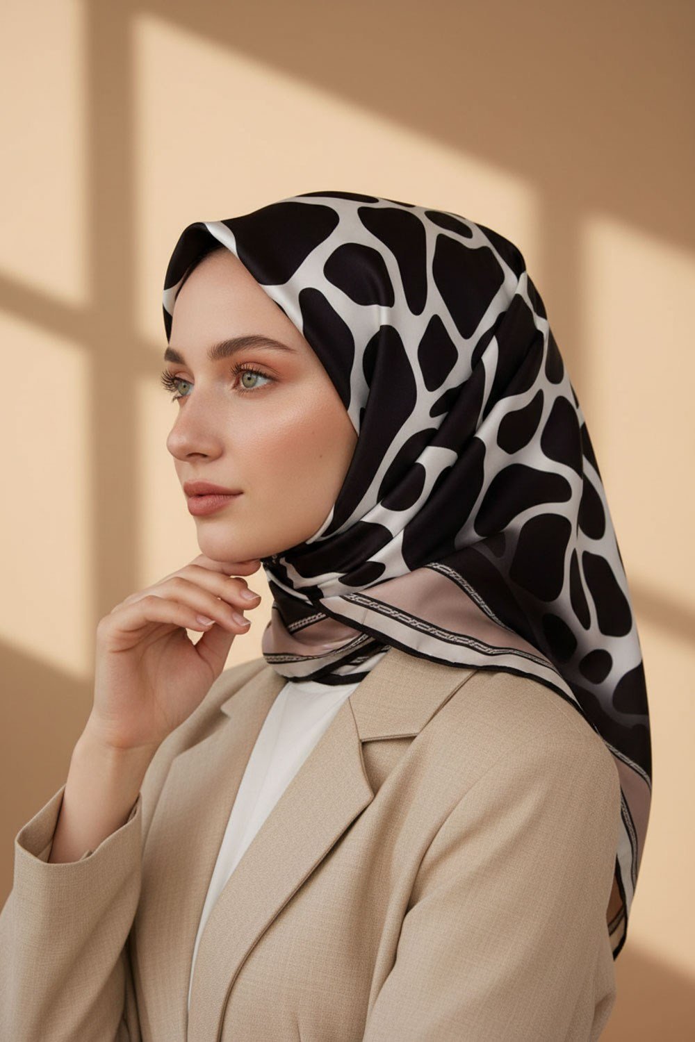 Kristal Taş Desenli Bej Renkli 90x90 Eşarp (İpek İçermez) Dikim Şekli : El Dikişi
