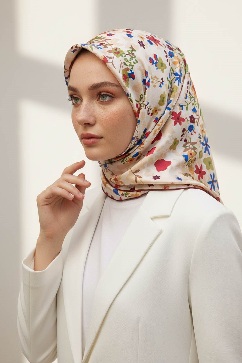 %100 Twill İpek Çıtır Çiçek Desenli Krem - Bordo Renkli 90x90 Eşarp Dikim Şekli : El Dikişi