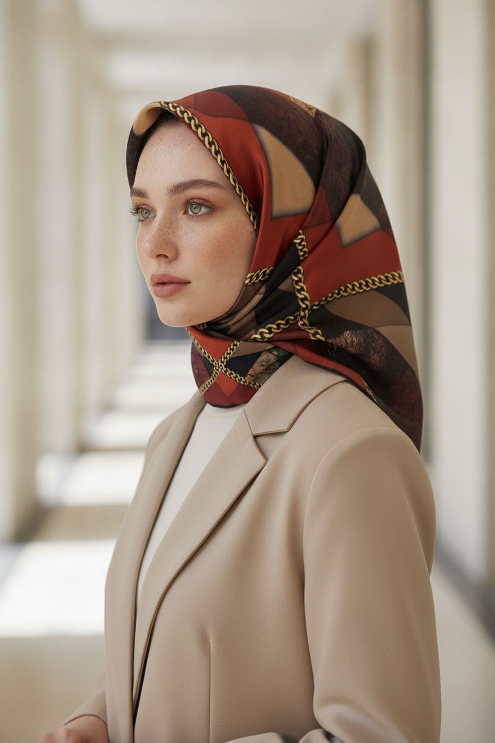%100 Twill İpek Taş Efekti Desenli Taba - Siyah Renkli 90x90 Eşarp Dikim Şekli : El Dikişi