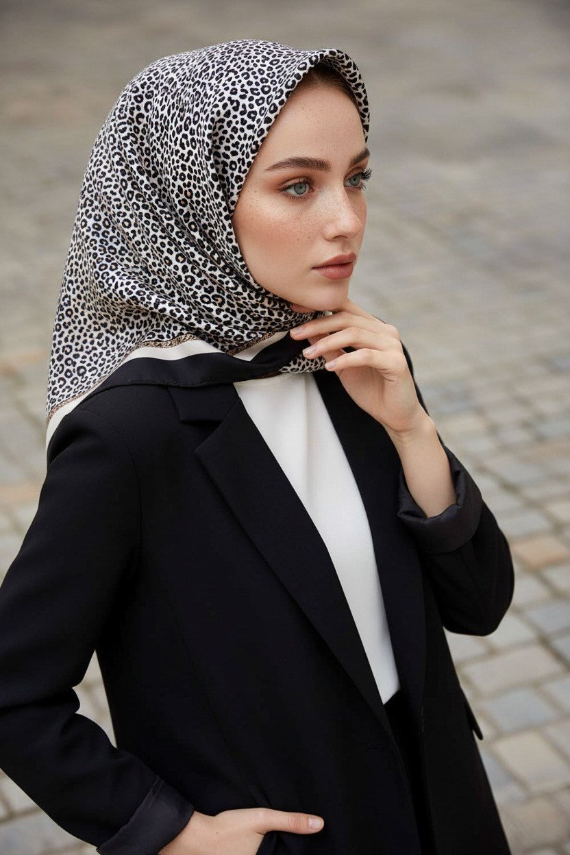 % 57 İPEK % 43 VİSKON Twill İpek Leopar Desenli Krem - Siyah Renkli 90x90 Eşarp Dikim Şekli : El Dikişi