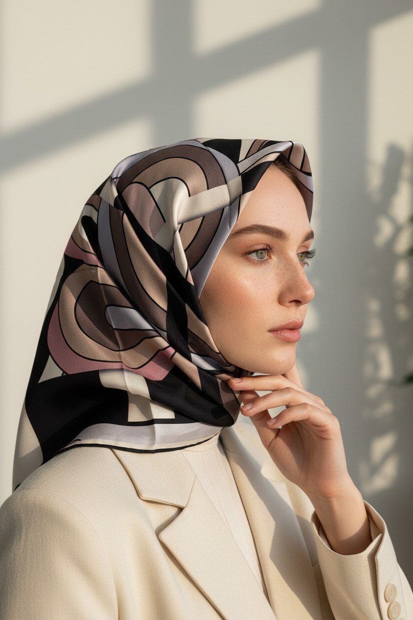 % 57 İPEK % 43 VİSKON Twill İpek Geometrik Desenli Gri - Pudra Renkli 90x90 Dikim Şekli : El Dikişi Eşarp