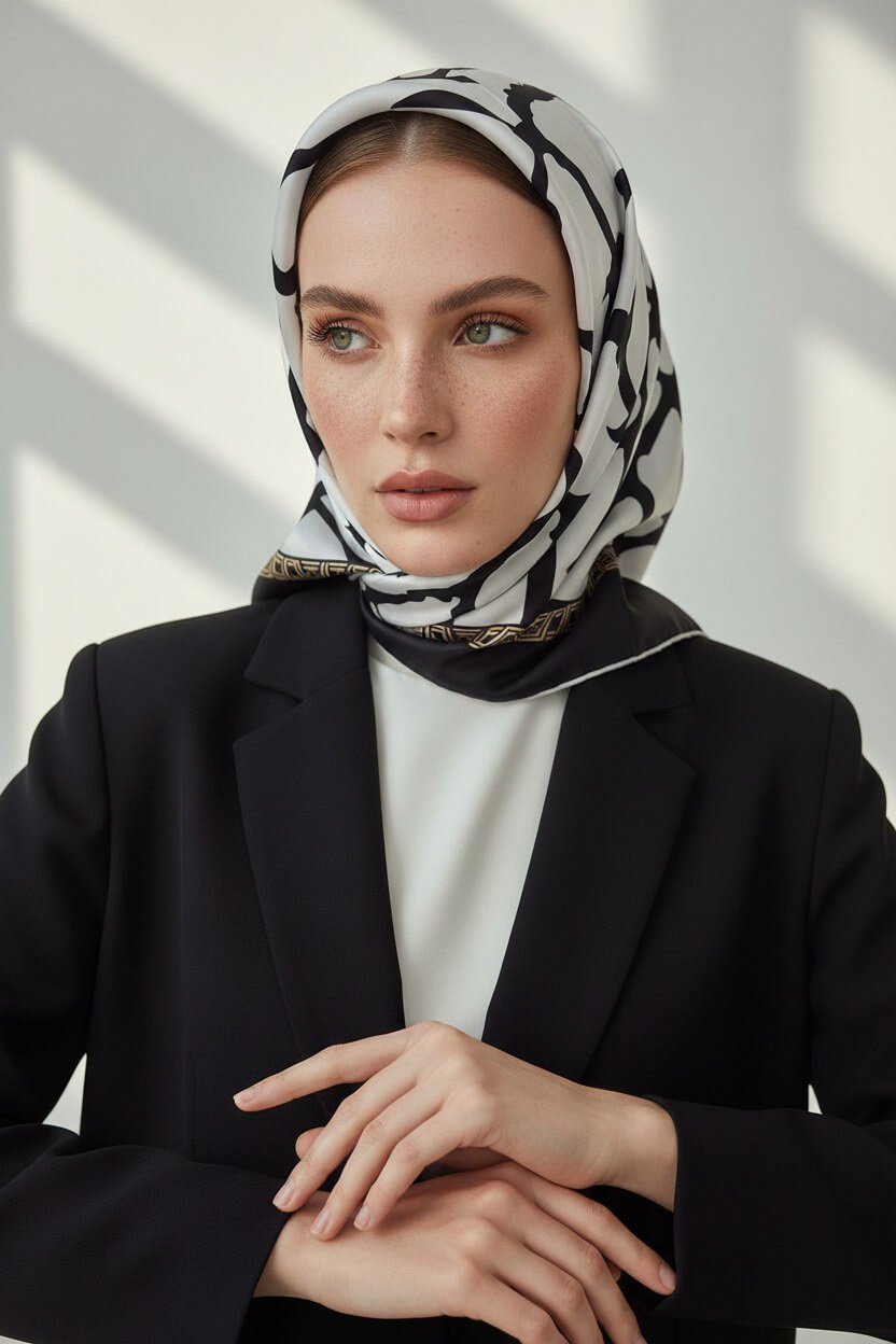 %100 Twill Taş Desenli Krem - Siyah Renkli 90x90 Eşarp Dikim Şekli: El Dikişi