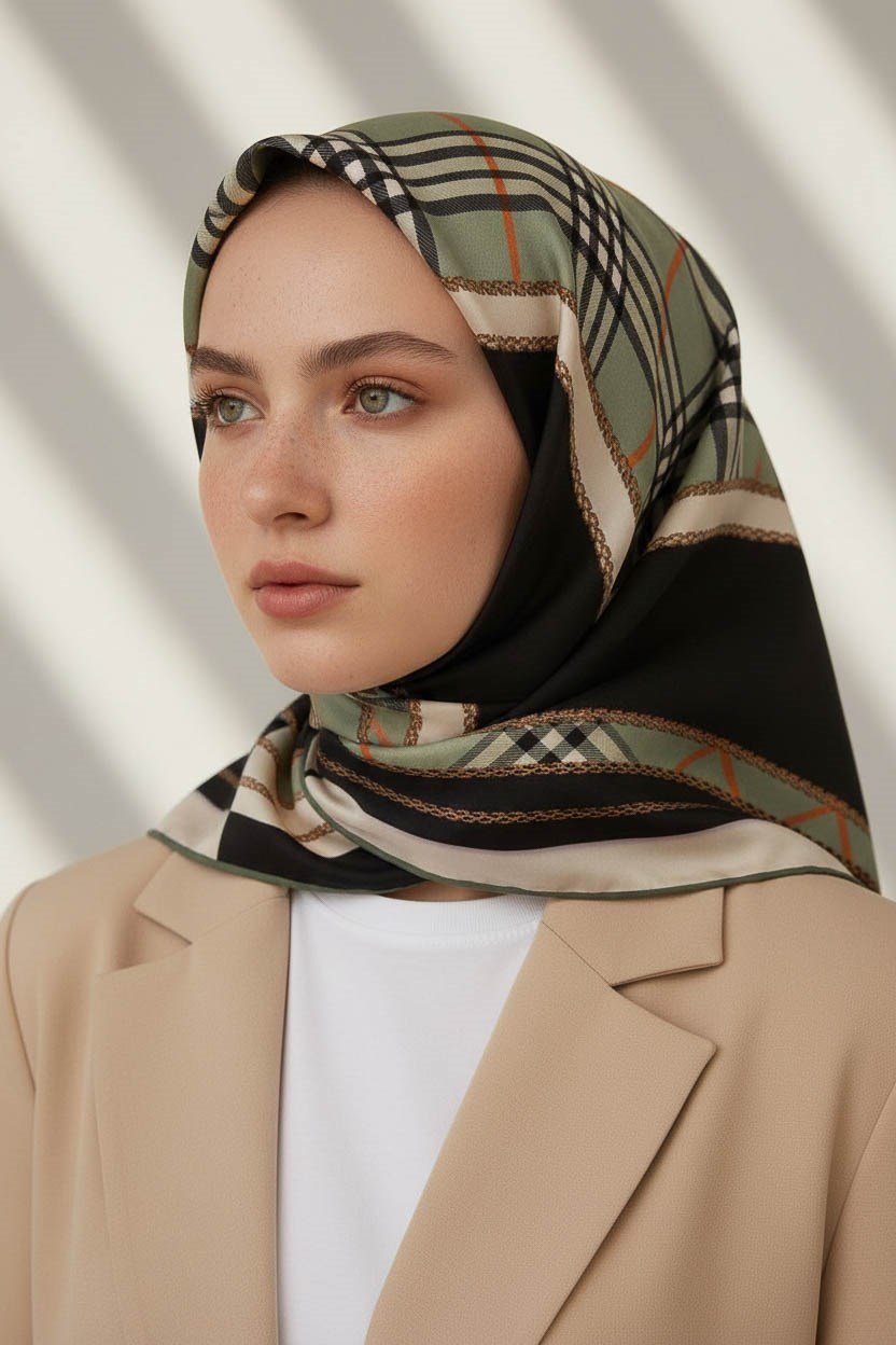 %100 Twill İpek Ekose Desenli Çağla Yeşili Renkli 90x90 Eşarp Dikim Şekli : El Dikişi