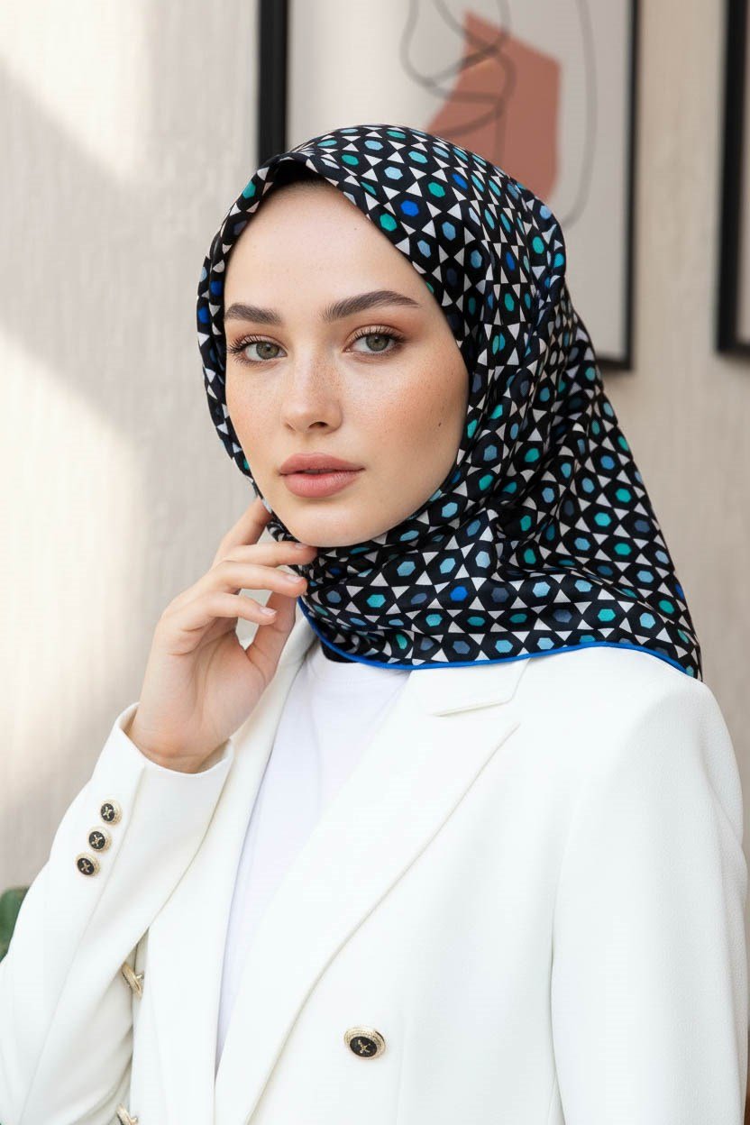 %100 Twill İpek Nokta Desenli Siyah - Saks Renkli 90x90 Eşarp Dikim Şekli : El Dikişi