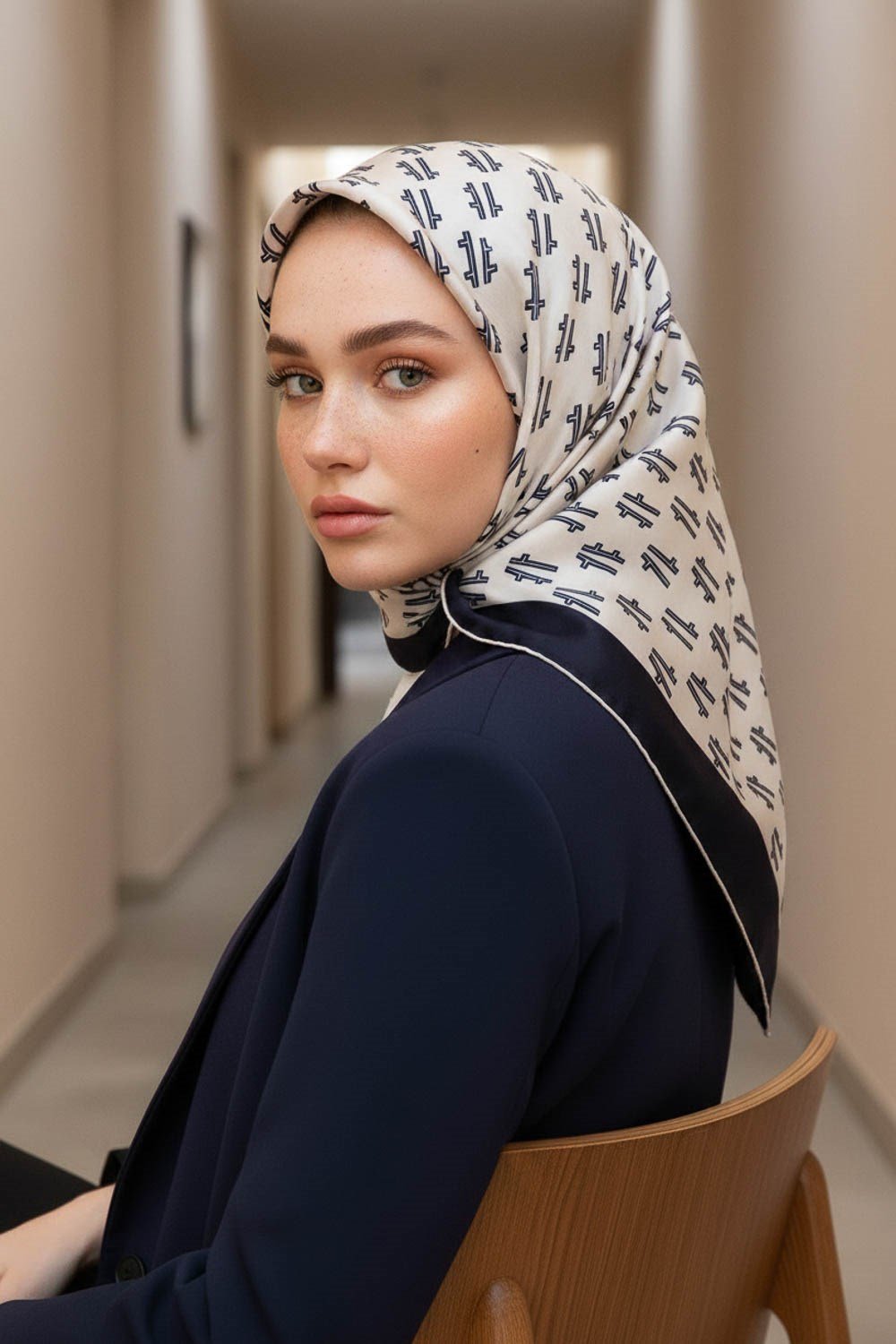 %100 Twill İpek Geometrik Desenli Krem - Lacivert Renkli 90x90 Eşarp Dikim Şekli : El Dikişi