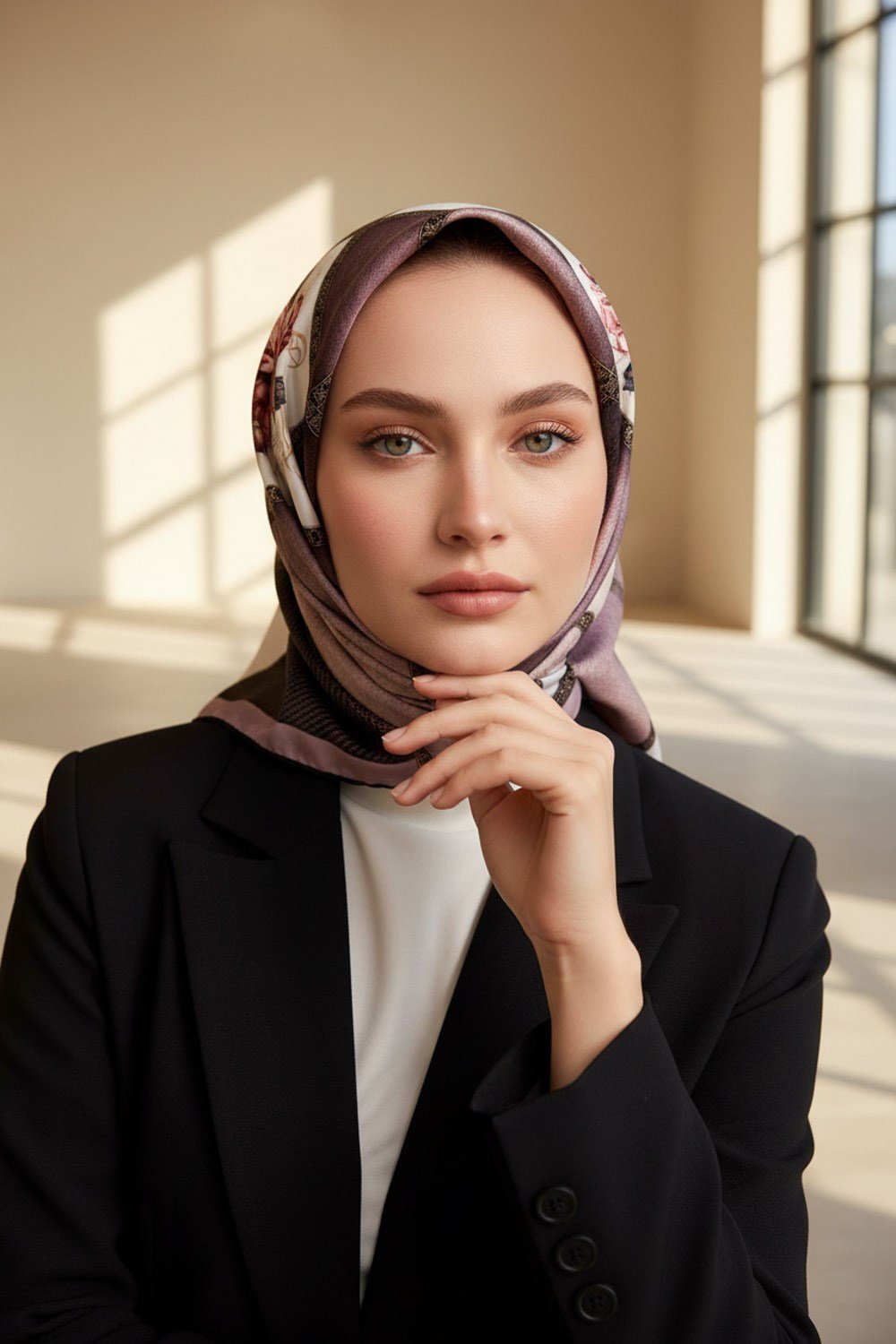 %100 Twill İpek Dokulu Çiçekli Ve Geometrik Desenli Pudra - Bej Renkli 90x90 Eşarp Dikim Şekli : El Dikişi