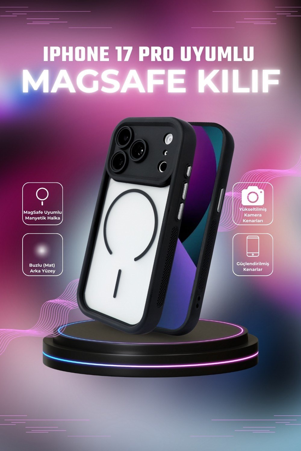 iPhone 17 Pro Max Kılıf – Kamera Korumalı – MagSafe Uyumlu – Siyah Renk – Mat Silikon Telefon Kılıfı