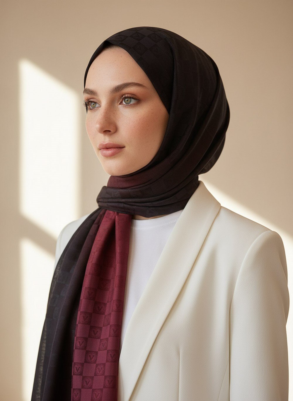 Vissona %57 İPEK %43 PAMUK Degrade Desenli Bordo - Siyah Renkli Şal -  70x190 Dikiş Tipi İtalyan Dikişli