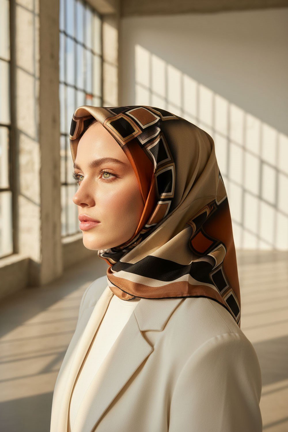 %100 Twill İpek Geometrik Desenli Taba - Krem Renkli 90x90 Eşarp Dikim Şekli : El Dikişi