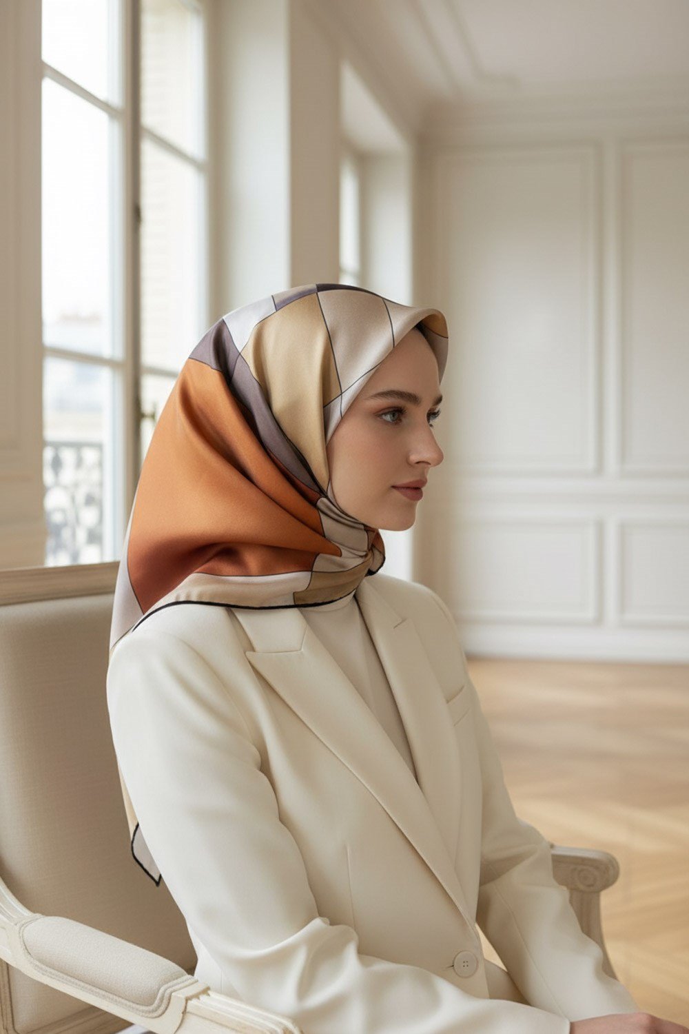 %100 Twill İpek Geometrik Desenli Turuncu - Vizon  Renkli 90x90 Eşarp Dikim Şekli : El Dikişi