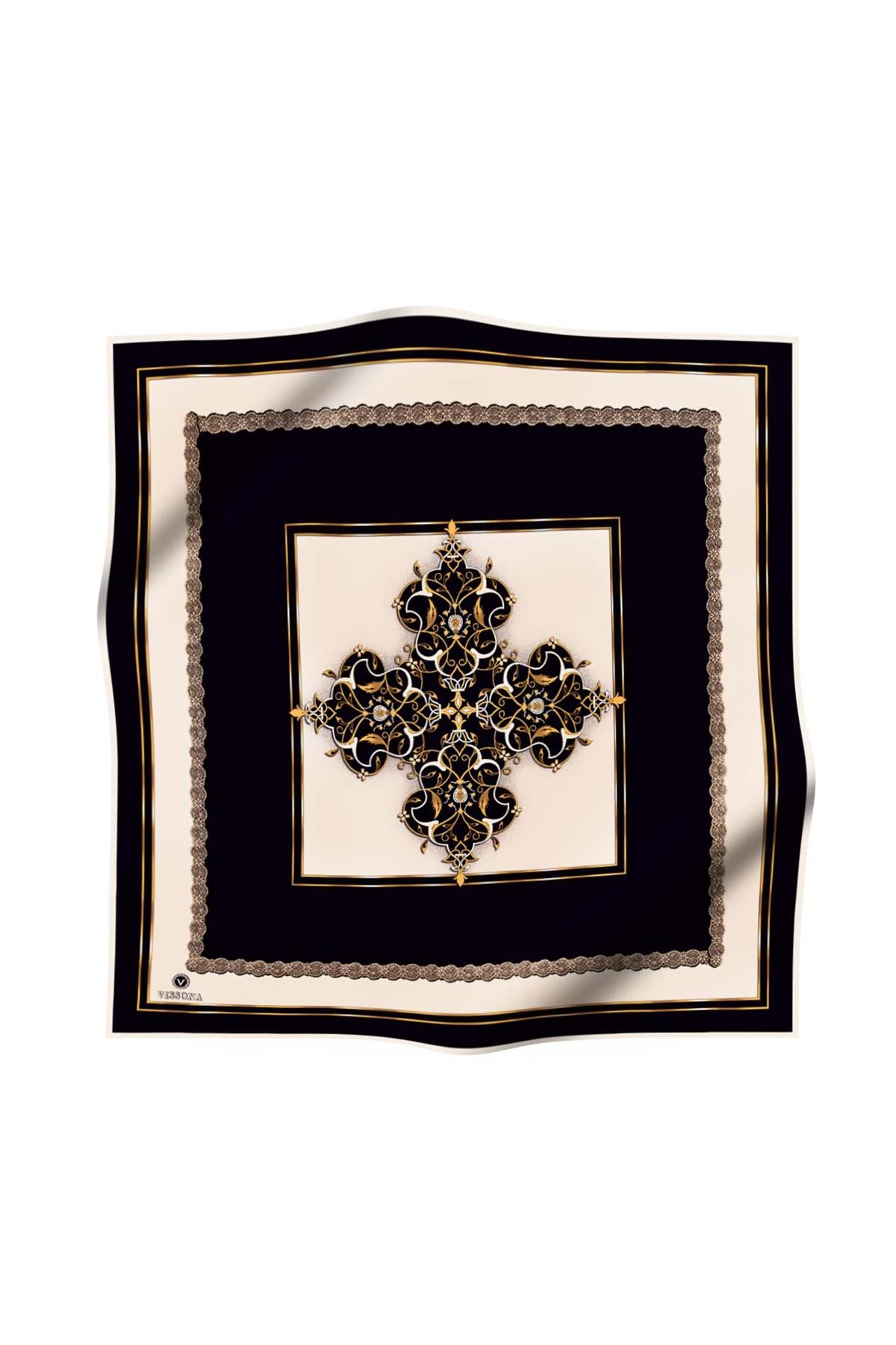 %100 Twill Barok Desenli Siyah - Krem Renkli 90x90 Eşarp Dikim Şekli: El Dikişi
