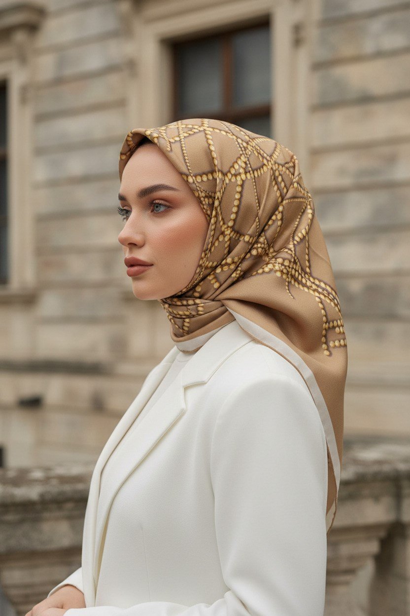 %100 Twill İpek İnci Desenli Bej Renkli 90x90 Eşarp Kenar Dikiş Şekli : El Dikişli