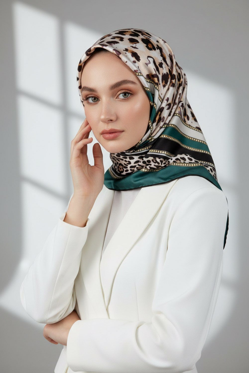 Twill Kemerli ve Leopar Desenli Petrol Yeşili Renkli 90x90 Eşarp (İpek İçermez) Dikim Şekli : El Dikişi