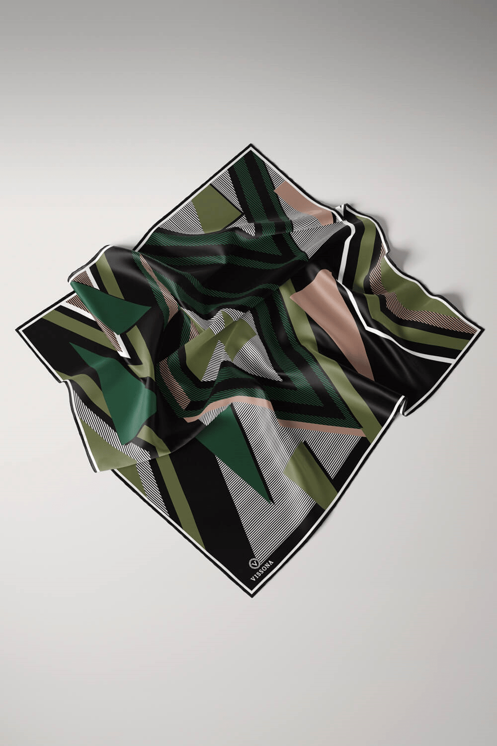 % 57 İPEK % 43 VİSKON Twill İpek Geometrik Desenli Haki - Siyah Renkli 90x90 Eşarp Dikim Şekli : El Dikişi