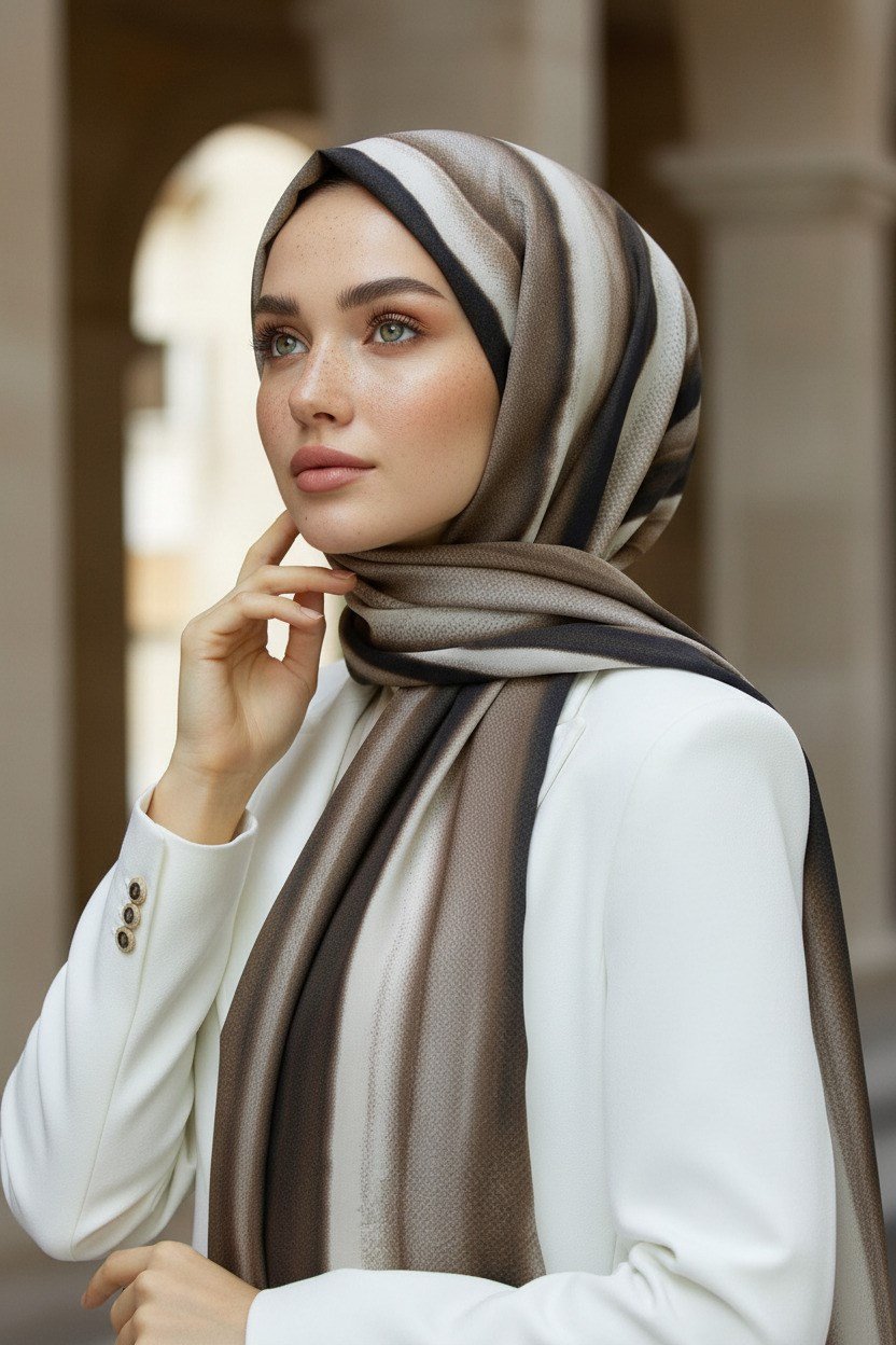 KREP SULU BOYA ÇİZGİLİ DESENLİ VİZON RENKLİ 75X195 KIRIŞMAZ ŞAL