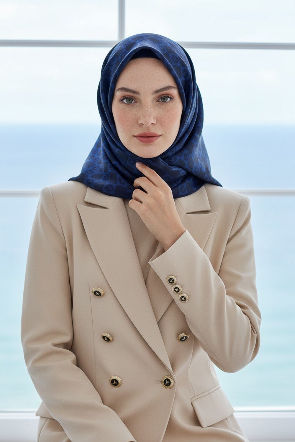 %57 İPEK % 43 VİSKON Twill İpek Monogram Desenli Lacivert Renkli 90x90 Eşarp Dikim Şekli : El Dikişi