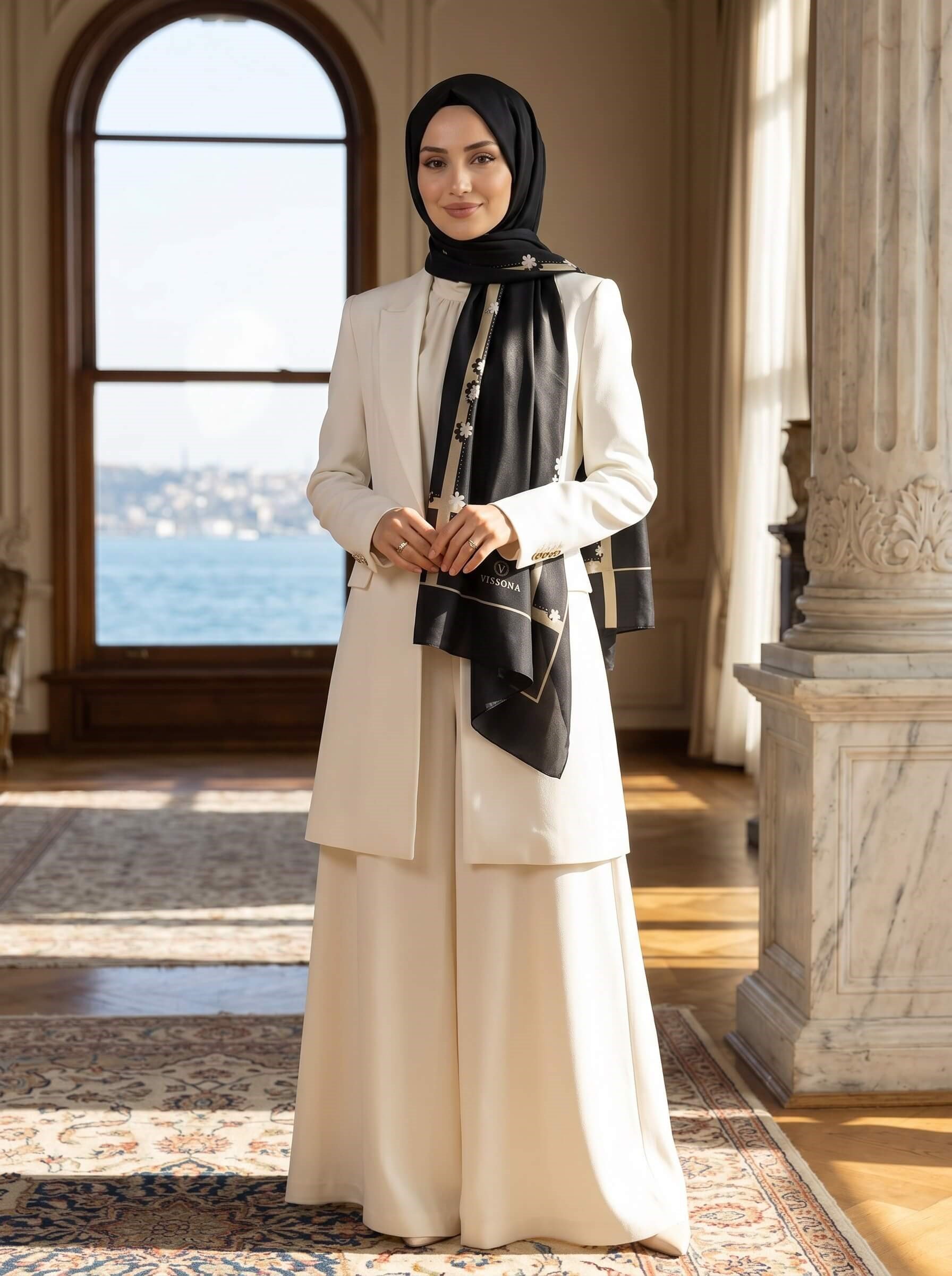 %100 Saf İpek Şal İnce Saten Vual Dokuma Çiçek Desenli Siyah - Bej Renkli 90x210 Şal