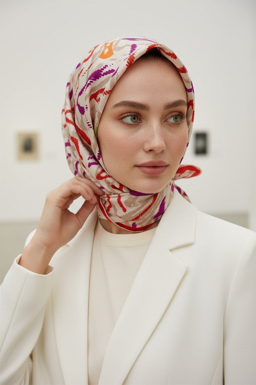 %100 Twill İpek Geometrik Desenli Kırmızı- Mürdüm Renkli 90x90 Eşarp Dikim Şekli : El Dikişi