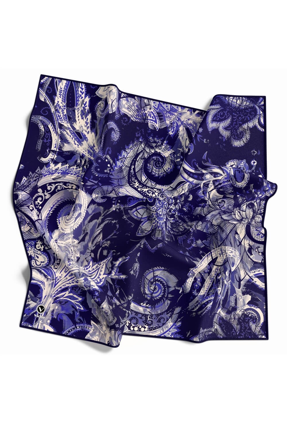 Twill Şal Desenli Lacivert Renkli 90x90 Eşarp (İpek İçermez) Kenar Dikiş Şekli El Dikişli